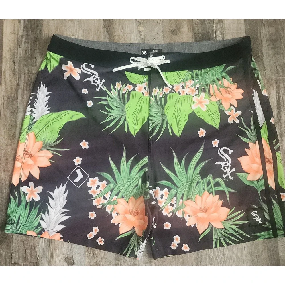 Hurley Board Shorts Men 38 Black Chicago White Sox Floral MLB Phantom Swim Trunk